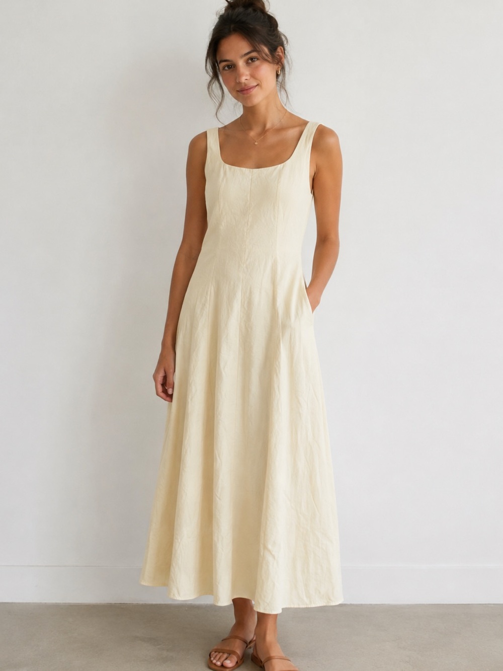 Sleeveless Cream Maxi Dress with Scoop Neck